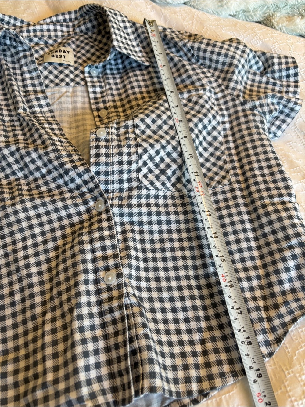 Sunday Best Blue & White Gingham Check Short Sleeve Button-Down Crop Top Size S - Picture 9 of 10